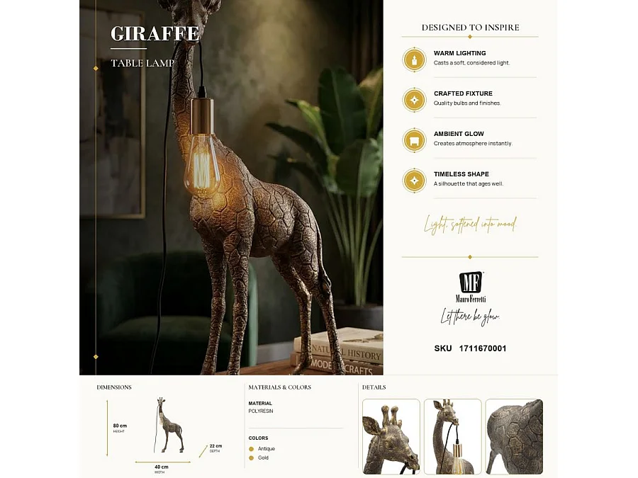 Lampe à Poser en Résine "Girafe" 80cm Or Foncé