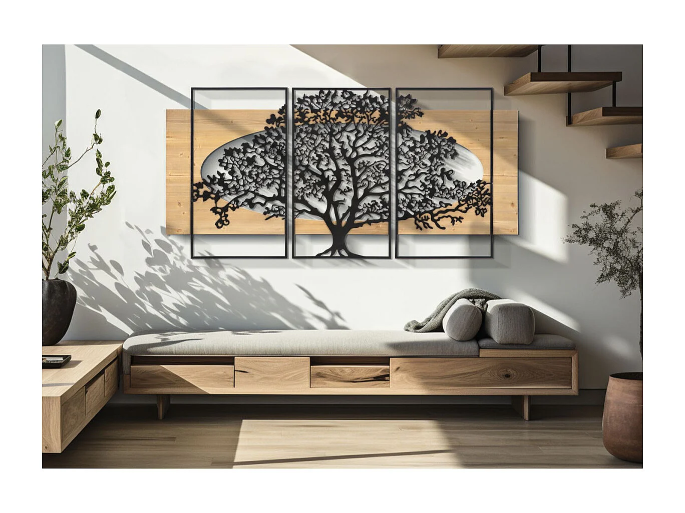 Zestaw 3 Paneli Ściennych 3D Drzewo z Czarnego Metalu i Płyty MDF 176x90 cm, Asymetryczny Design