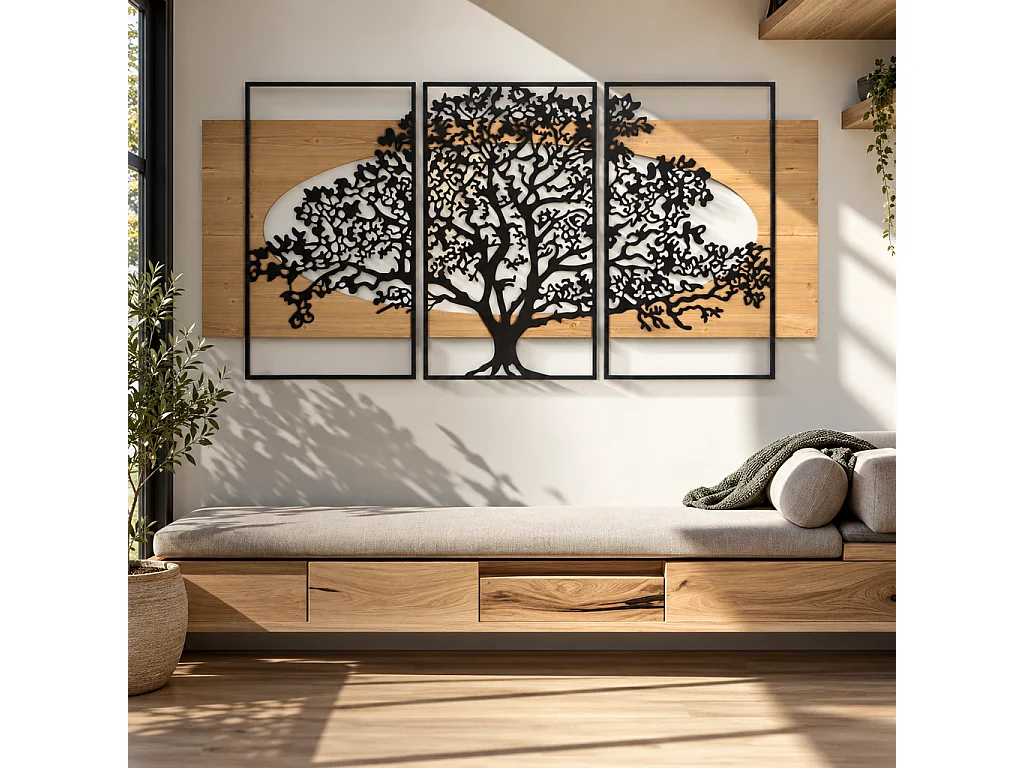 Set aus 3 3D-Wandpaneelen Baum aus schwarzem Metall und MDF-Holz 176x90 cm, asymmetrisches Design