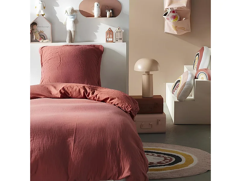 Parure de lit 1 personne en gaze de coton uni, 140x200 cm, coloris terracotta, Today