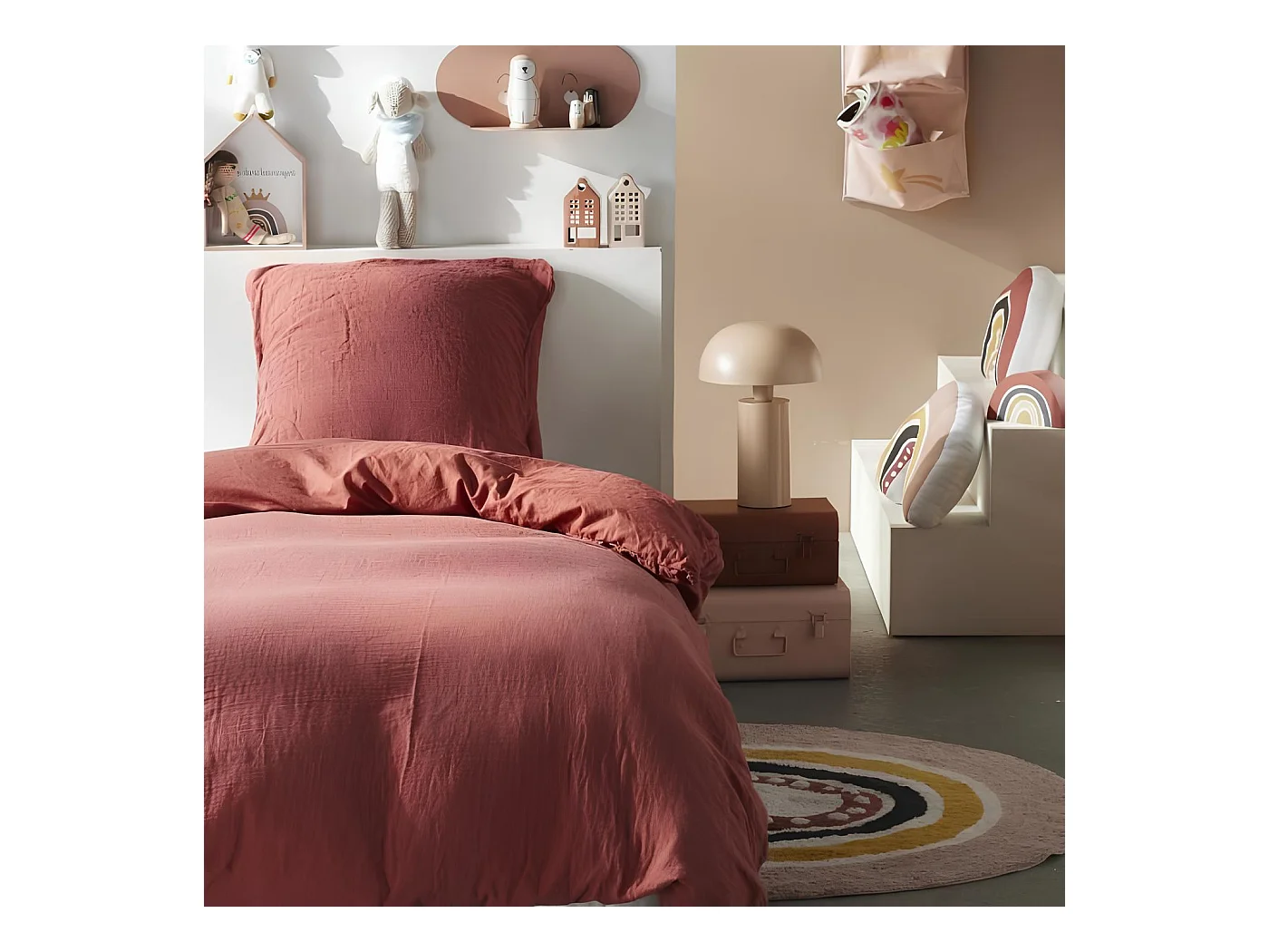 Parure de lit 1 personne en gaze de coton uni, 140x200 cm, coloris terracotta, Today