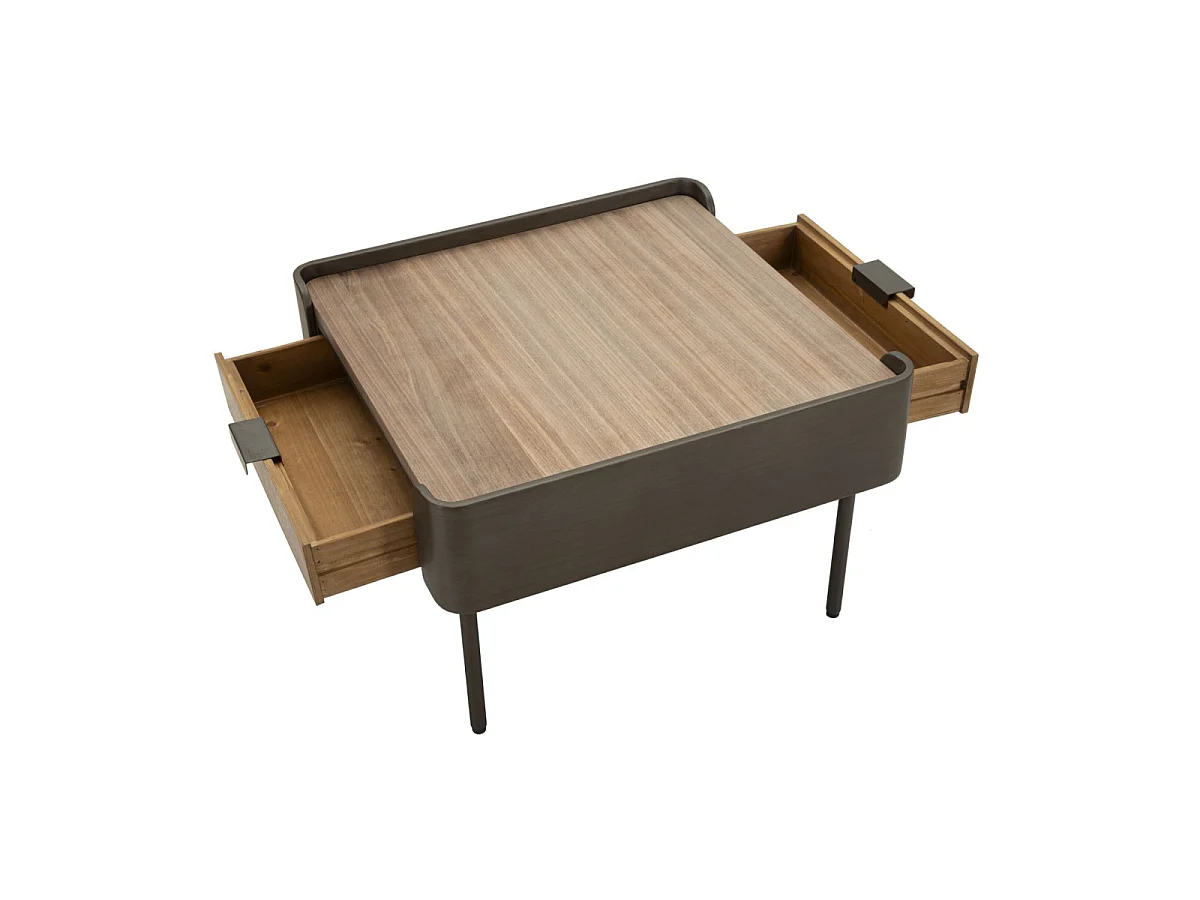Toronto salontafel 60x60x41 cm van vurenhout en ijzer, grijs en bruin van kleur, met 2 lades - Moderne, functionele stijl