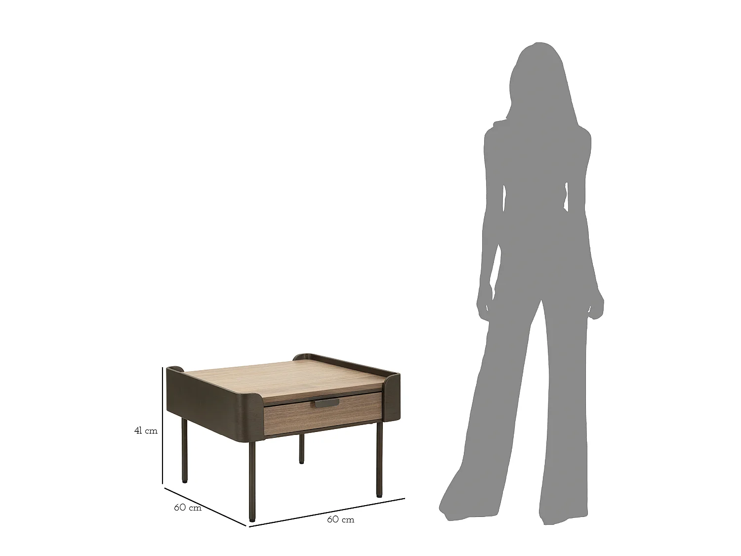 Toronto salontafel 60x60x41 cm van vurenhout en ijzer, grijs en bruin van kleur, met 2 lades - Moderne, functionele stijl