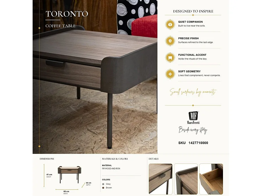 Toronto salontafel 60x60x41 cm van vurenhout en ijzer, grijs en bruin van kleur, met 2 lades - Moderne, functionele stijl