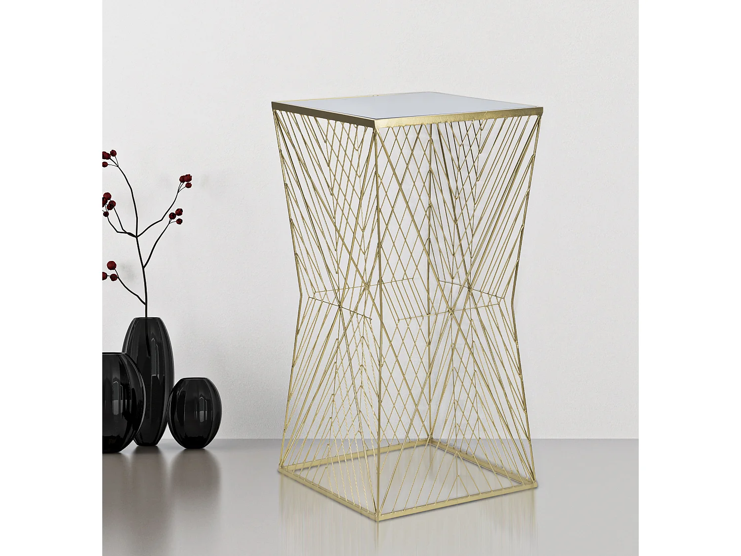 Table téléphonique carrée en métal doré avec plateau en verre miroir