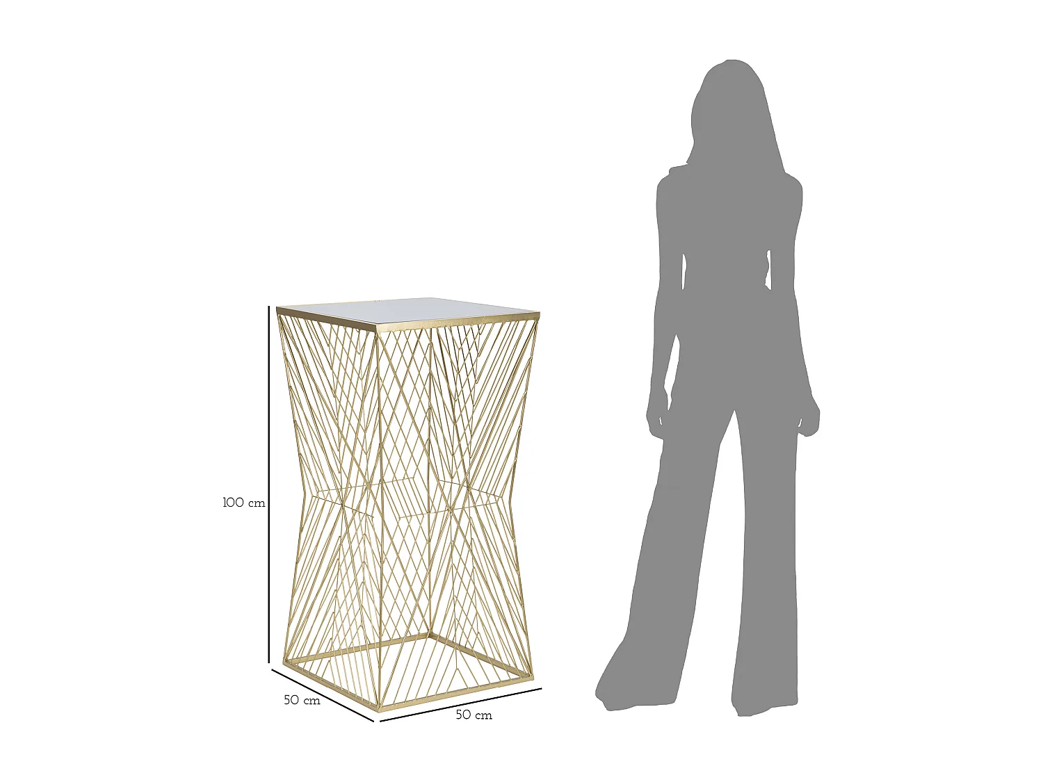 Table téléphonique carrée en métal doré avec plateau en verre miroir