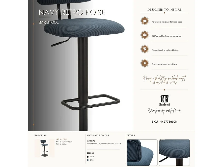 Lot de 2 Chaises de Bar Réglable "Destiny" 85-106cm Noir & Bleu