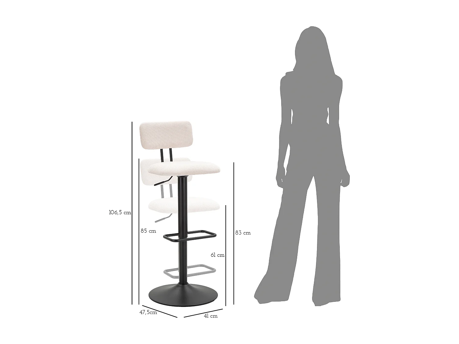 Lot de 2 Chaises de Bar Réglable "Destiny" 85-105cm Noir & Blanc