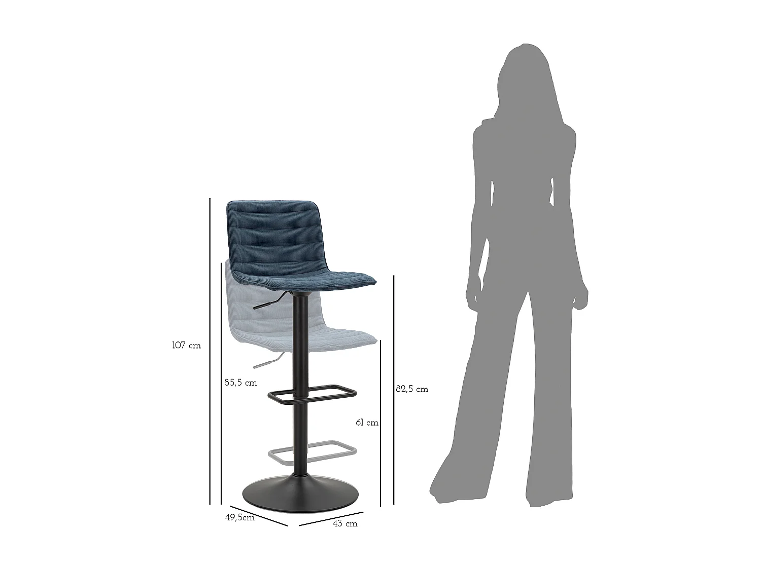 Lot de 2 Tabourets de Bar Réglable "Destiny" 85,5-107cm Noir & Bleu