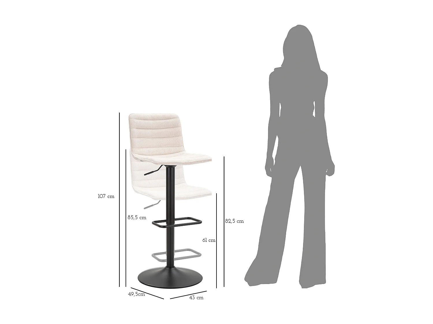 Lot de 2 Tabourets de Bar Réglable "Destiny" 85,5-107cm Noir & Blanc