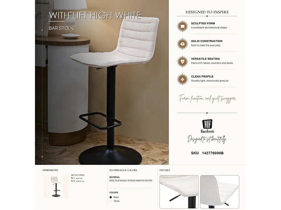 Lot de 2 Chaises de Bar Réglables "Destiny" 85-107cm Noir & Blanc
