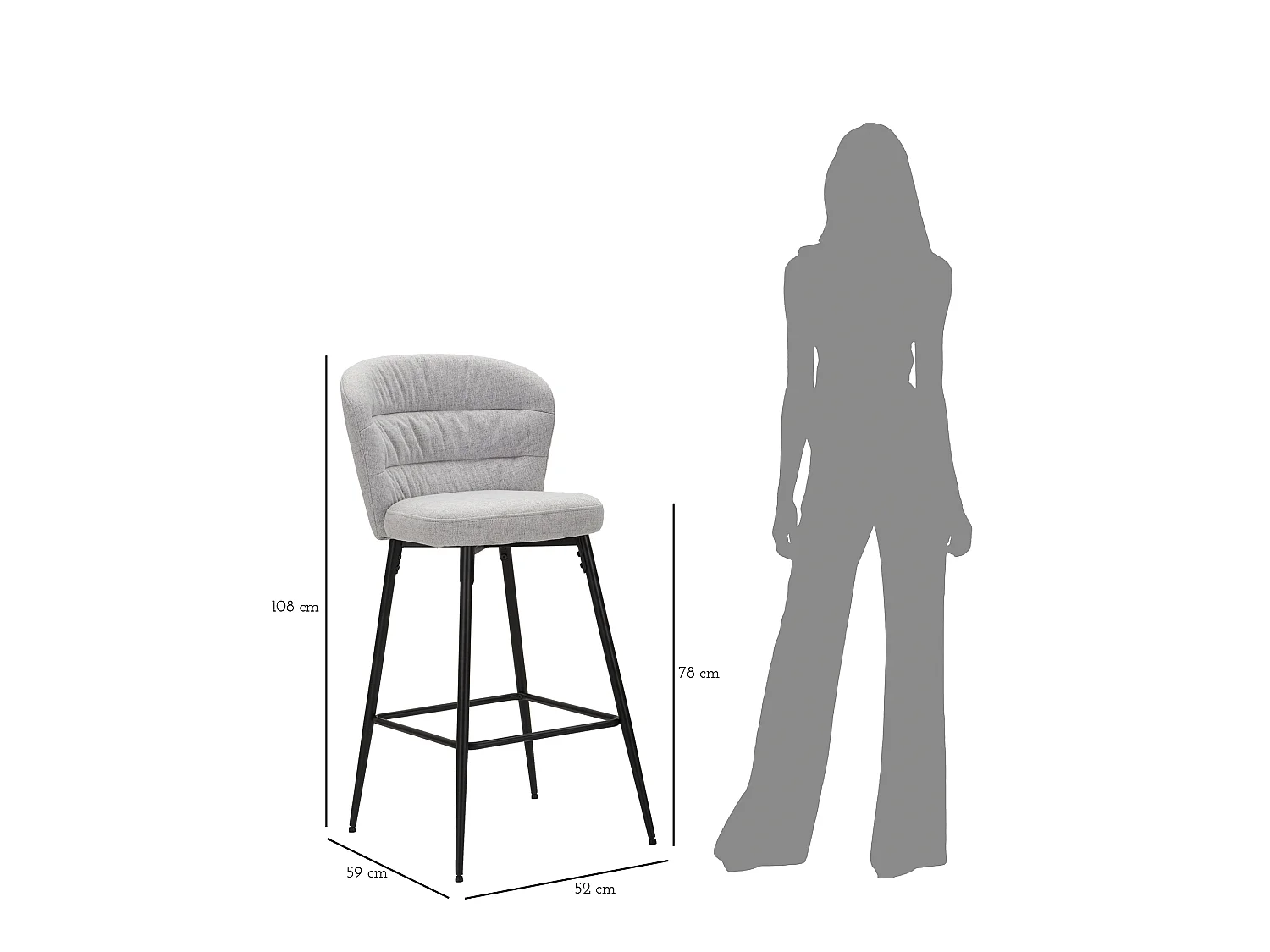 Set van 2 LOSANNA barkrukken, grijs, 52x59x108 cm - Stoffen krukken met zwarte metalen poten - Glamoureus design uit de jaren 70