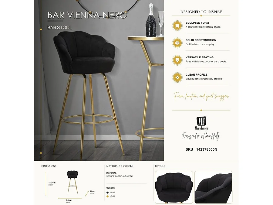 Tabouret de Bar Coquillage "Vienna" 110cm Noir & Or