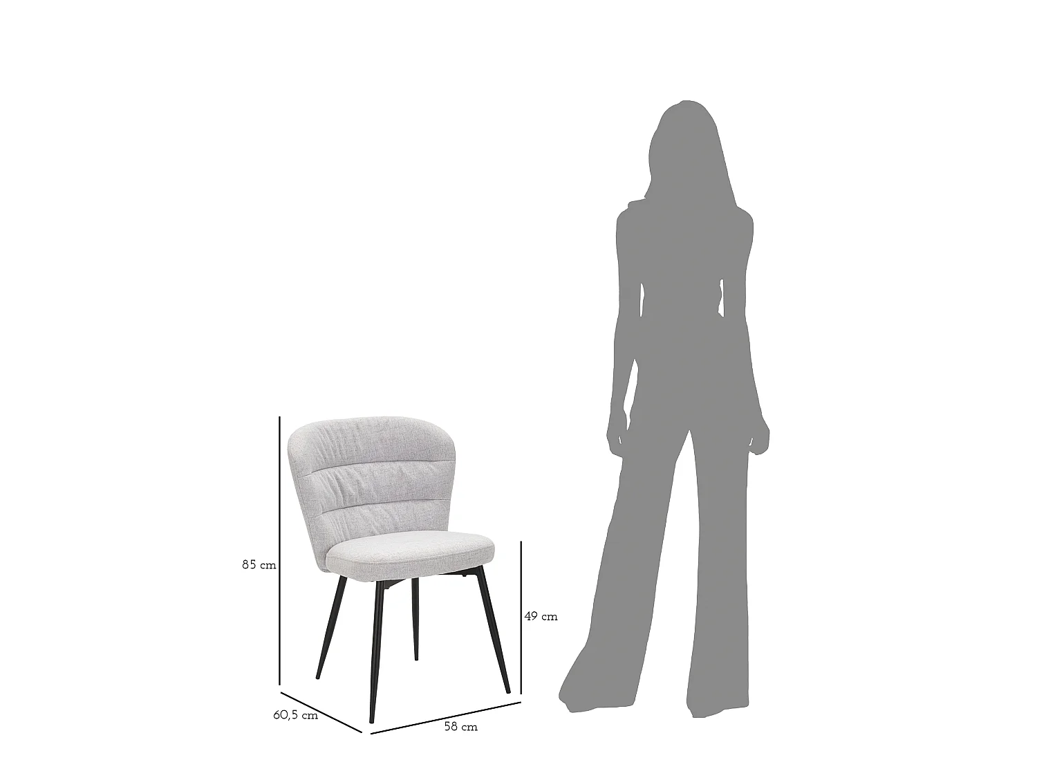 Conjunto de 2 cadeiras LOSANNA cinza, 58x60,5x85 cm - Cadeiras estofadas em tecido com pés de metal preto - Design glamoroso dos anos 70