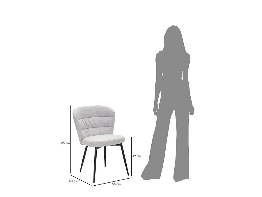 Set mit 2 grauen LOSANNA-Stühlen (58 x 60,5 x 85 cm) – Polsterstühle mit schwarzen Metallbeinen – Glamouröses 70er-Jahre-Design