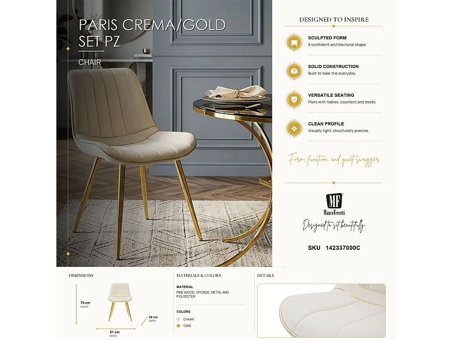 Lot de 2 Chaises en Tissu "Paris" 79cm Crème & Or