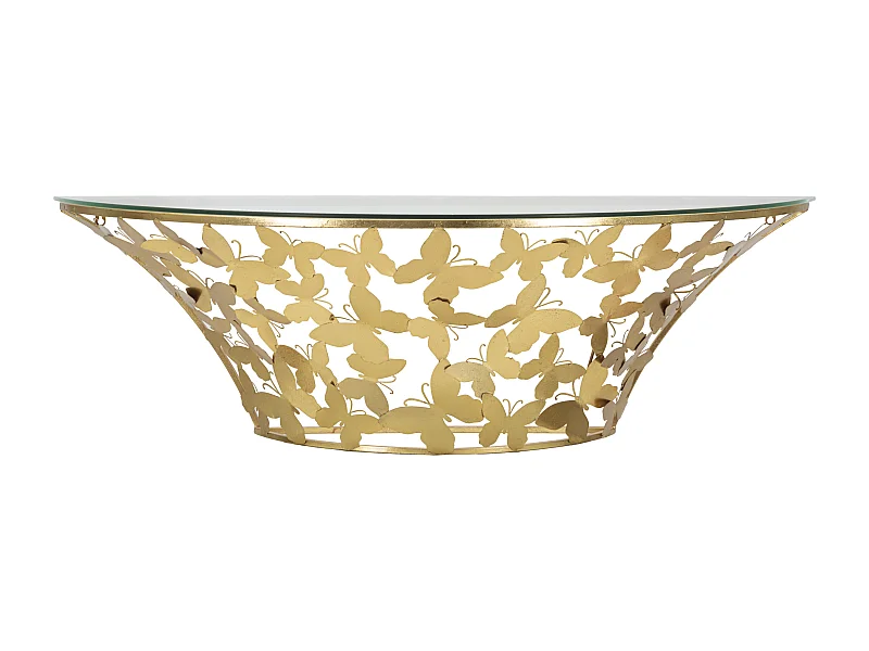 Console Murale Semi-Circulaire en Métal Doré avec Plateau en Verre et Décorations Papillon - 120x40,5x37,2 cm