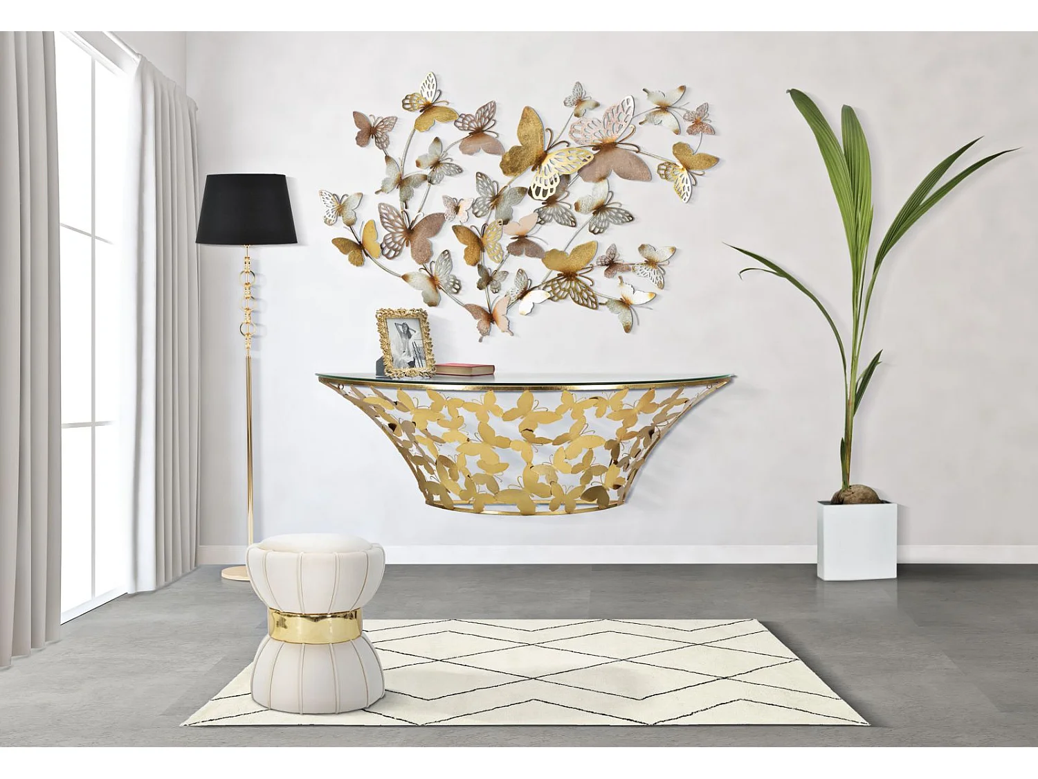 Console Murale Semi-Circulaire en Métal Doré avec Plateau en Verre et Décorations Papillon - 120x40,5x37,2 cm