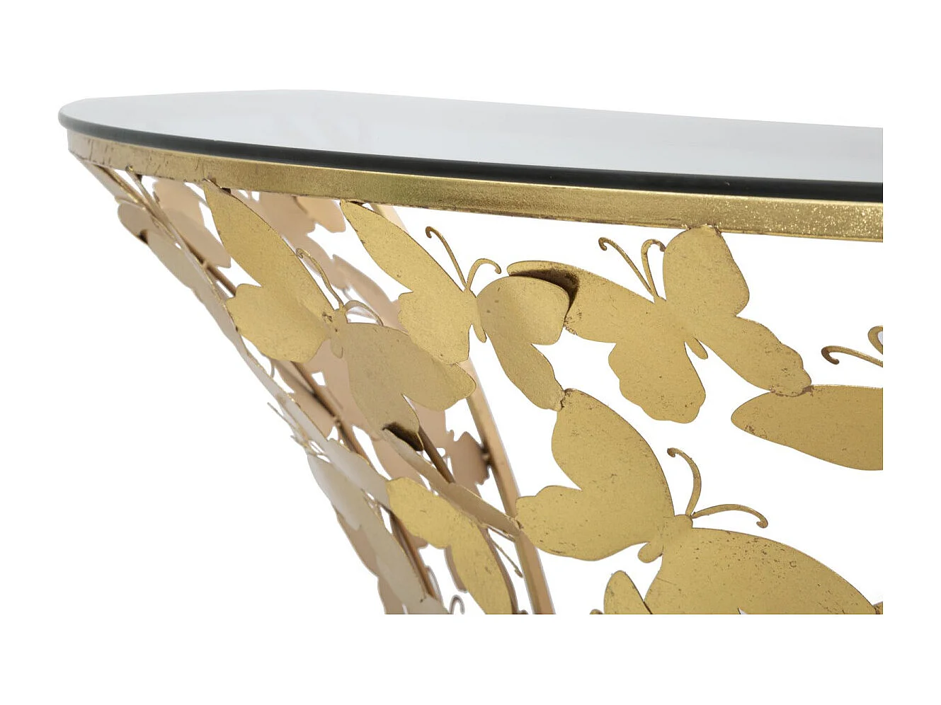 Console Murale Semi-Circulaire en Métal Doré avec Plateau en Verre et Décorations Papillon - 120x40,5x37,2 cm