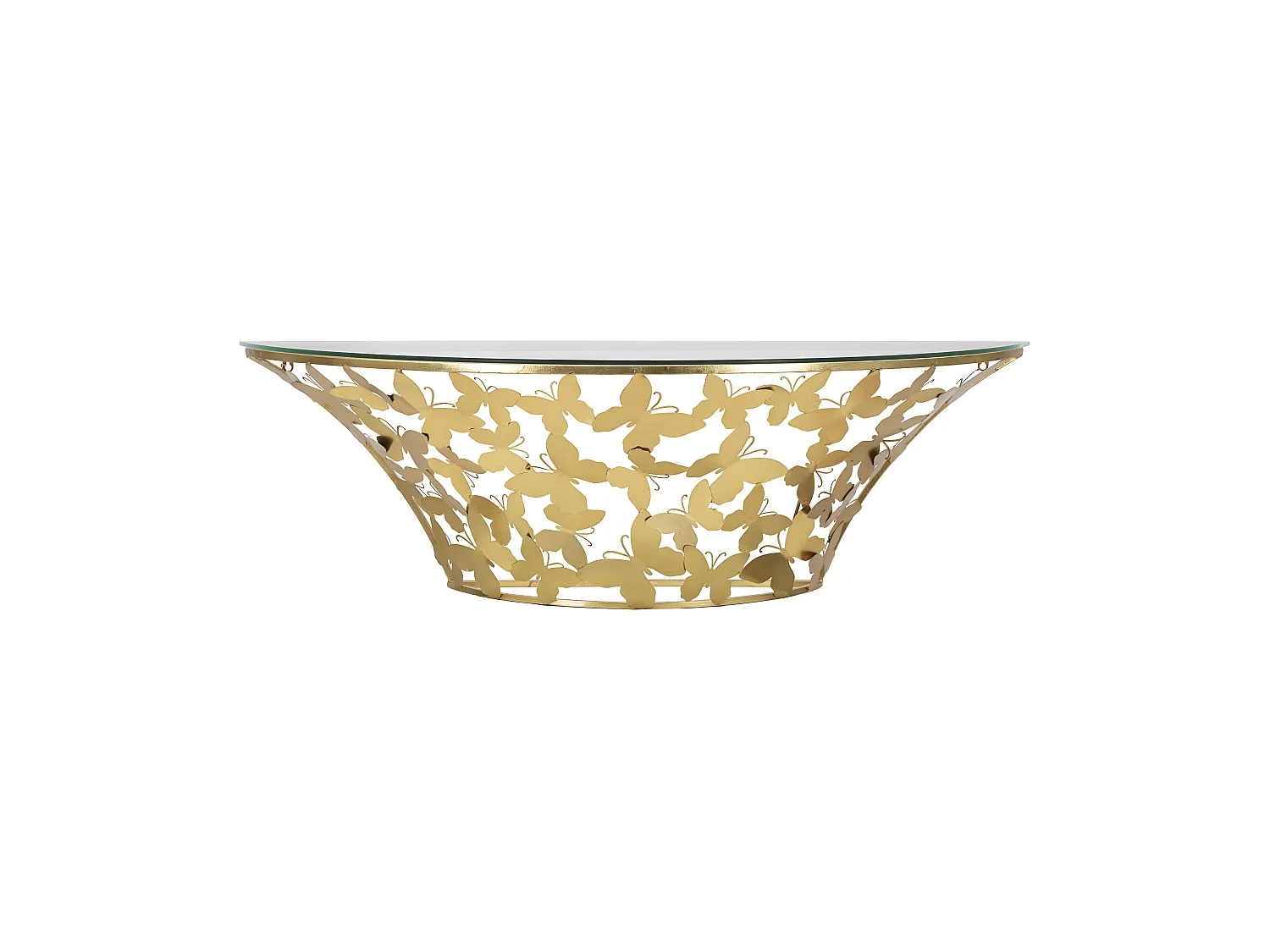 Console Murale Semi-Circulaire en Métal Doré avec Plateau en Verre et Décorations Papillon - 120x40,5x37,2 cm