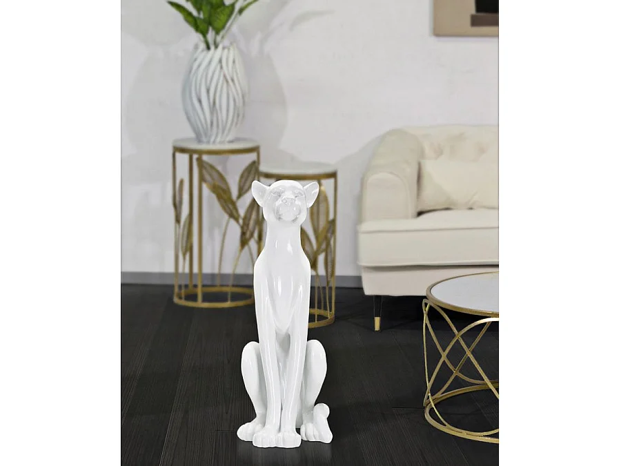 Glamouröse, sitzende Leopardenstatue aus weißem Polyresin – 27 x 38 x 74 cm – Dekorative Skulptur mit geschwungenem und elegantem Design