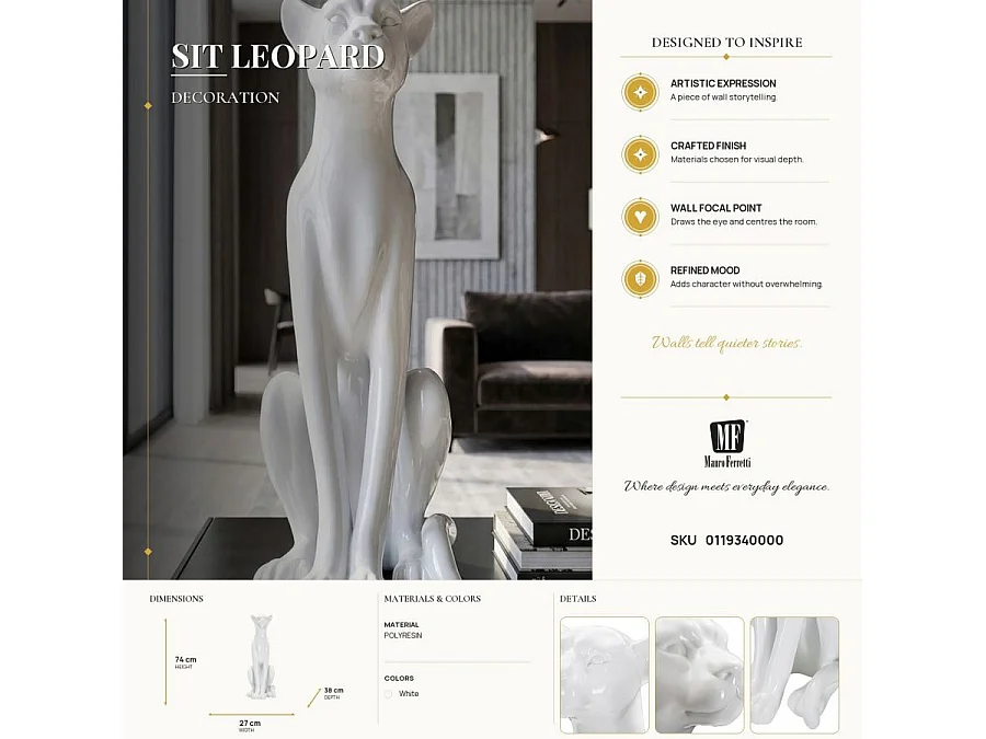 Glamouröse, sitzende Leopardenstatue aus weißem Polyresin – 27 x 38 x 74 cm – Dekorative Skulptur mit geschwungenem und elegantem Design
