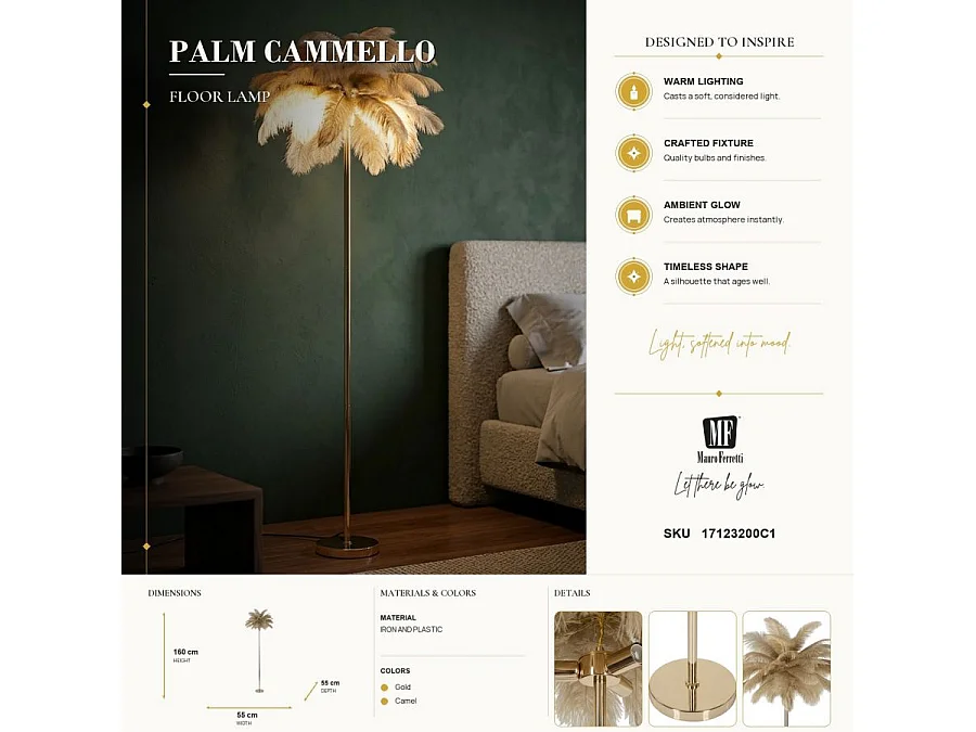 Lampadaire Imitation Plume "Palm" 160cm Or & Camel