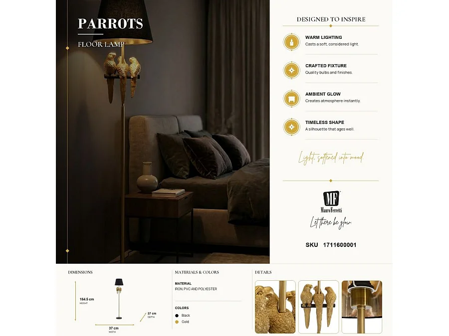 Lampadaire Design "Perroquets" 164cm Or & Noir