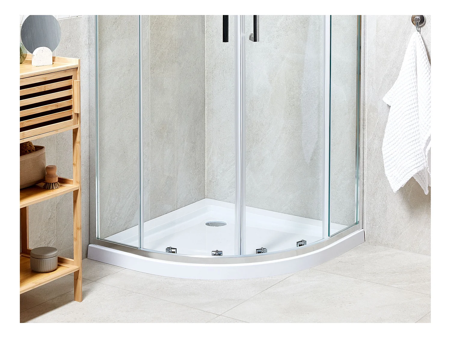ABS Duschwanne weiß halbrund 90x90 cm mit Schürze Abfluss Rand 7 cm hoch Aliso