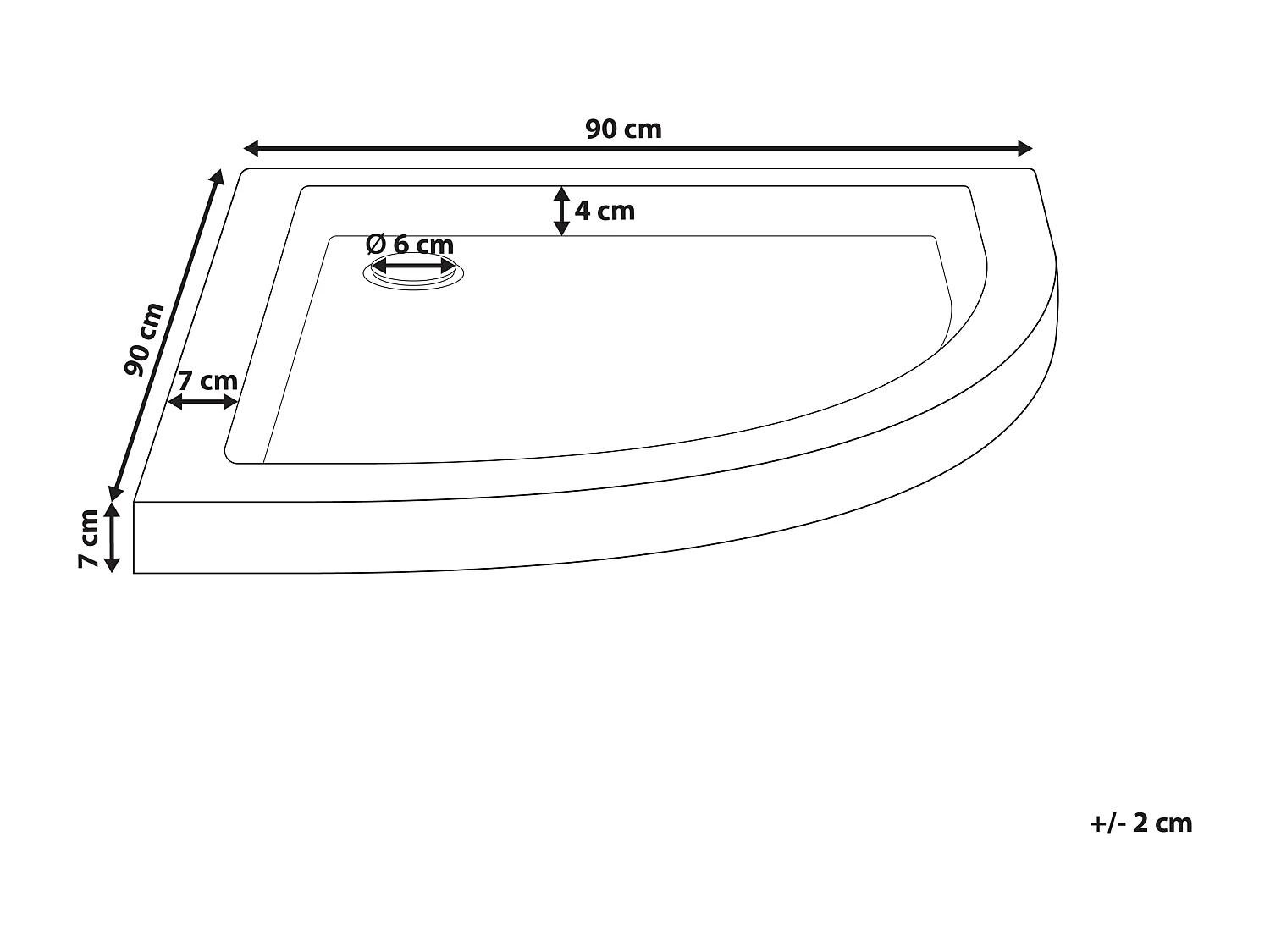 ABS Duschwanne weiß halbrund 90x90 cm mit Schürze Abfluss Rand 7 cm hoch Aliso