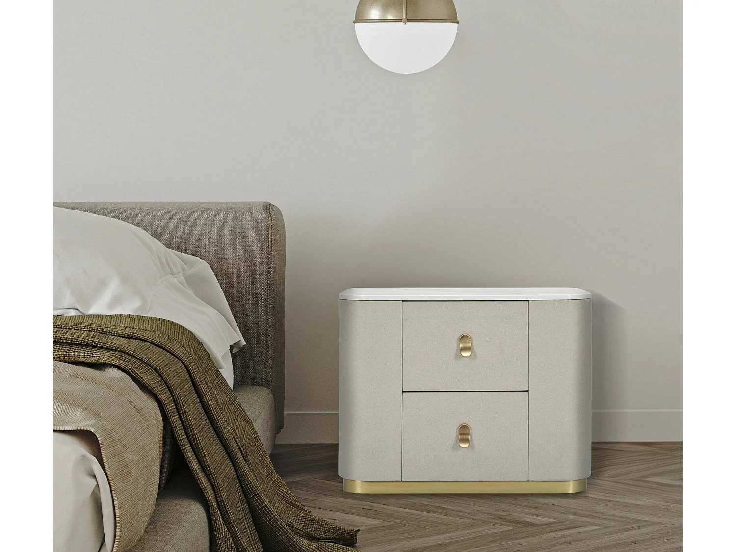 Mesa de noche Christov, Cómoda baja, Mesilla de noche, Estante de la cama, 60x40 h47 cm, Crema y Oro