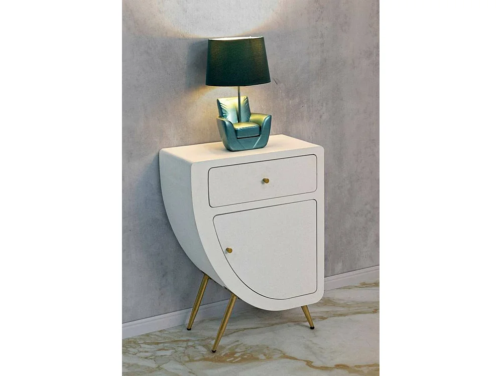 Chevet Suze, Commode basse, Table de nuit, Étagère de chevet, Blanc et Or, 60x32 h79 cm
