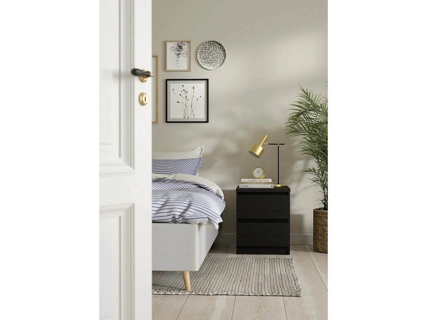 Mesa de cabeceira Daiki, Cómoda baixa, Mesa de cabeceira, Prateleira de cama, 50x40 h50 cm, Preto