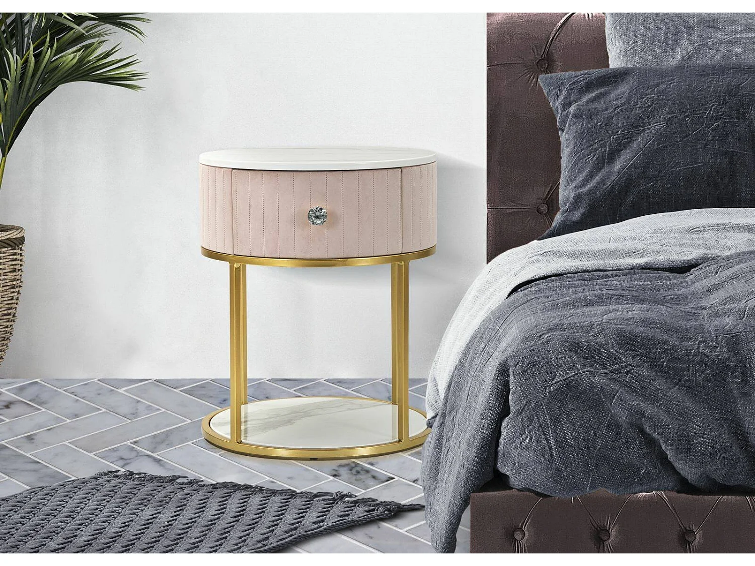 Mesa de cabeceira Gerhard, cómoda baixa, mesa de cabeceira, prateleira de cama, 42x42 h48 cm, rosa e branco