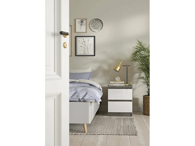 Mesa de noche Azar, Cómoda baja, Mesilla de noche, Estante de la cama, 50x40 h50 cm, Cemento y Blanco brillante