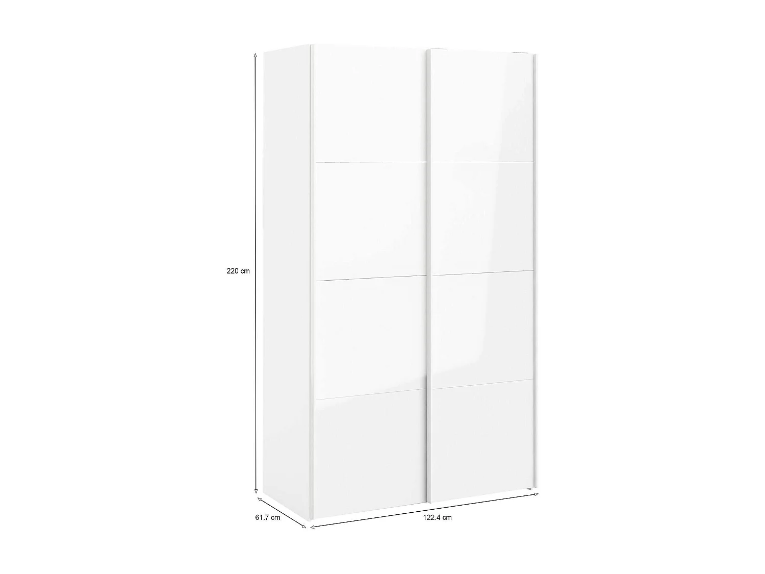 Adria 2-deurskast, Slaapkamermeubel, Inloopkast, Kledingkast, 122x62 h220 cm, Glanzend wit