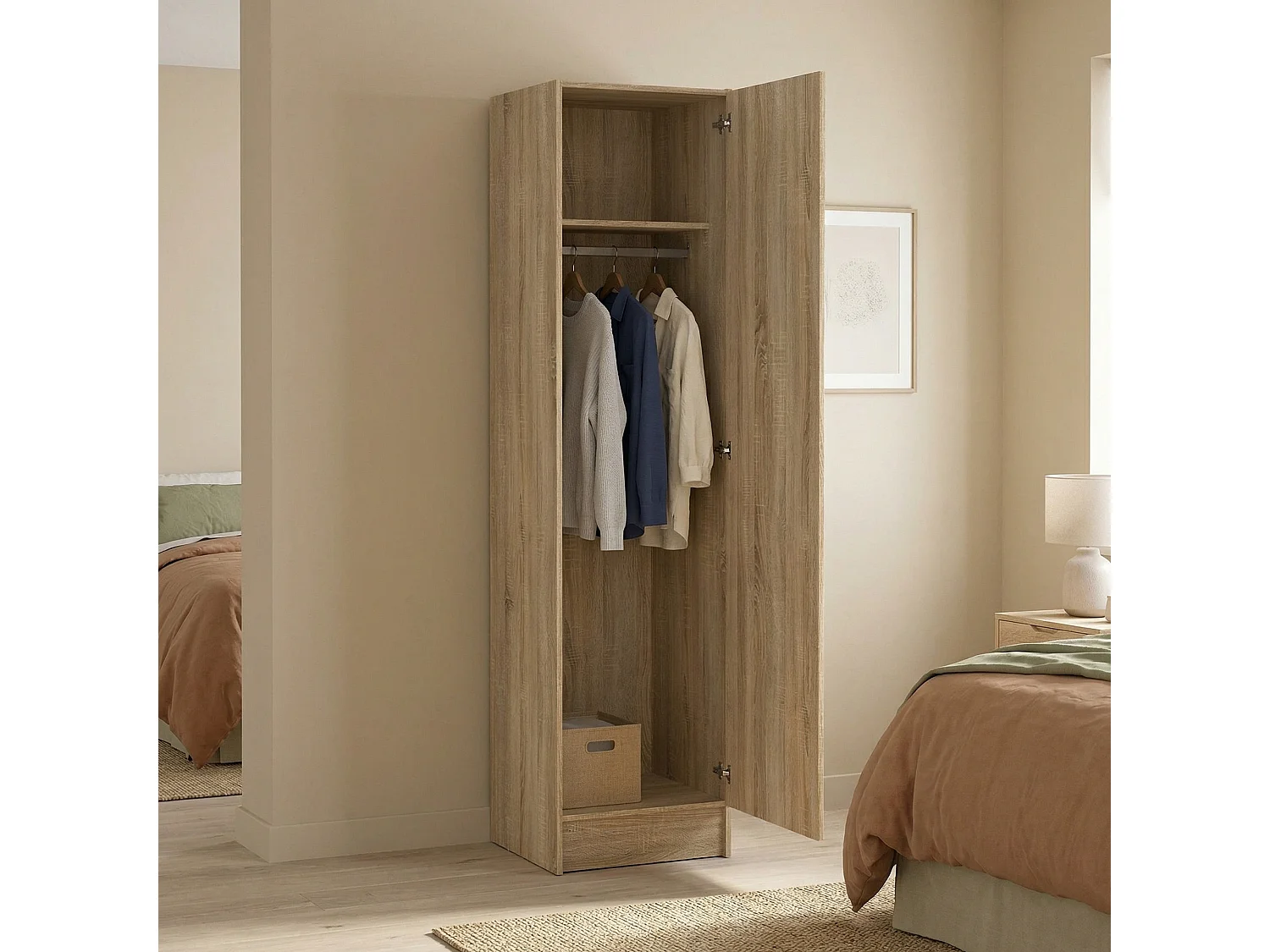 Guarda-roupa 1 Porta Garça, Cabideiro, Castanho Carvalho, 4 Prateleiras, Uma porta