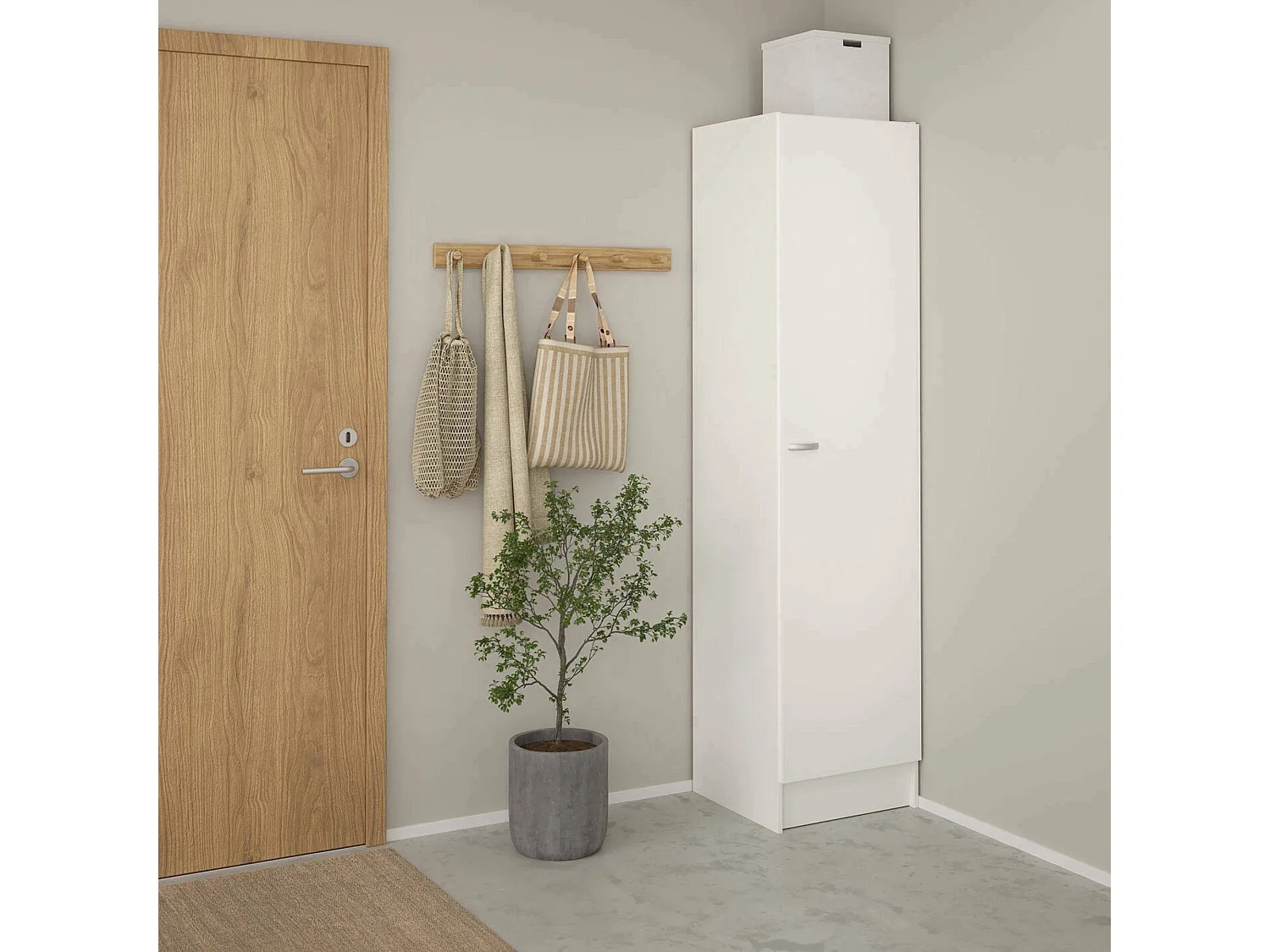 Armario Airone de 1 puerta, perchero, blanco, 4 estantes, apertura abatible