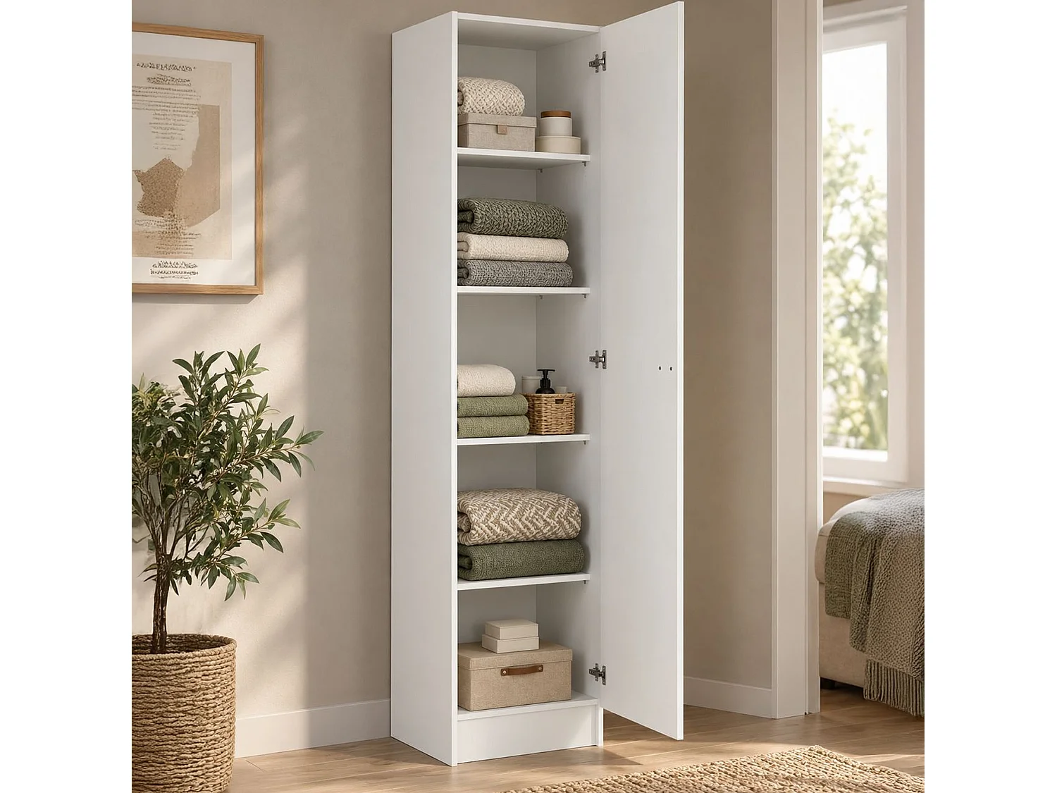 Armoire 1 porte Airone, penderie, blanc, 4 étagères, ouverture battante