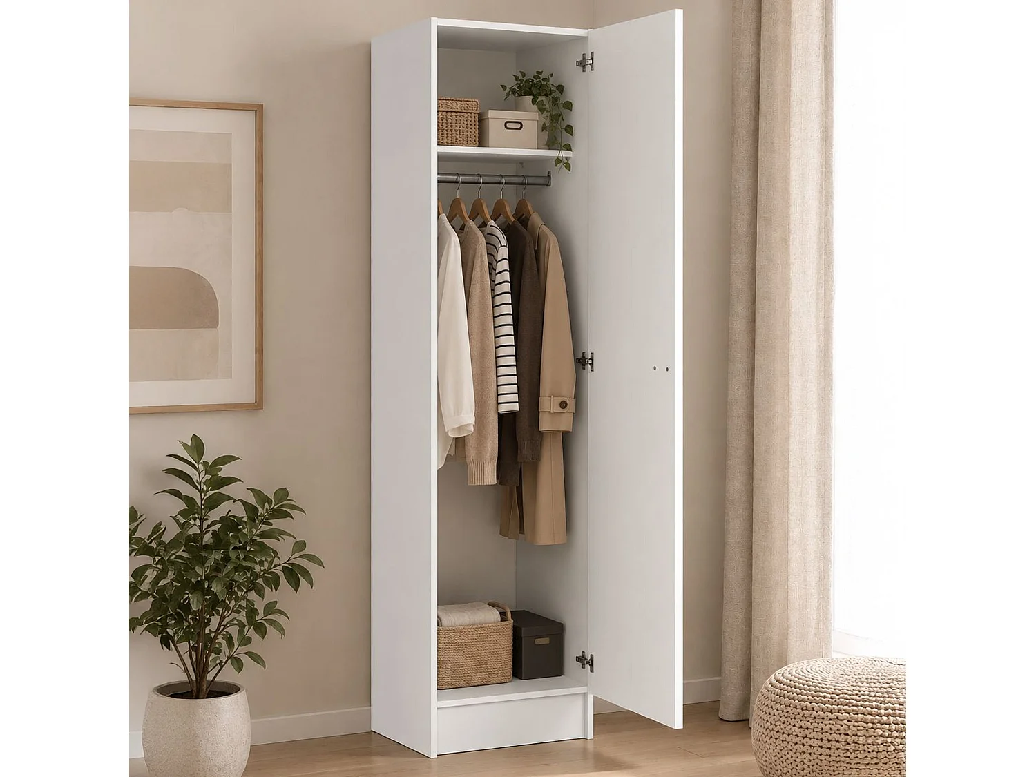 Armoire 1 porte Airone, penderie, blanc, 4 étagères, ouverture battante