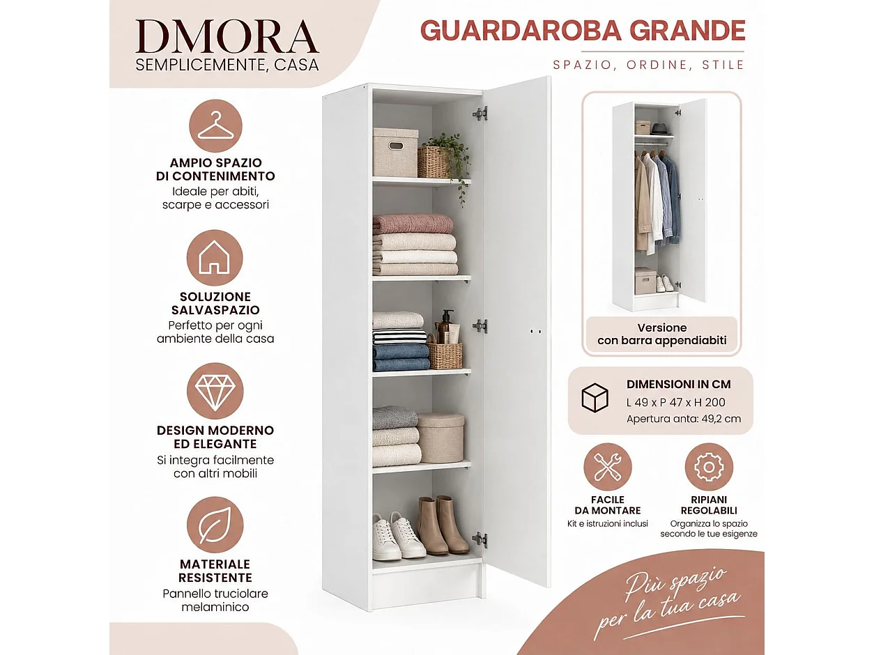 Armoire 1 porte Airone, penderie, blanc, 4 étagères, ouverture battante