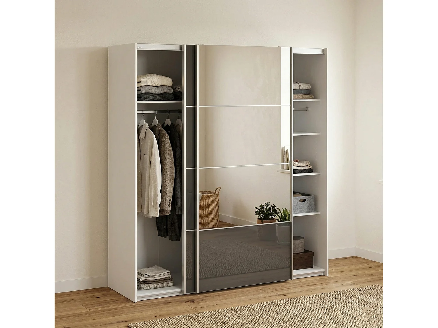 Garde-robe 2 portes Cerreto, Meubles de chambre, Penderie de plain-pied, Placard à vêtements, 182x64 h202 cm, Gris et Blanc