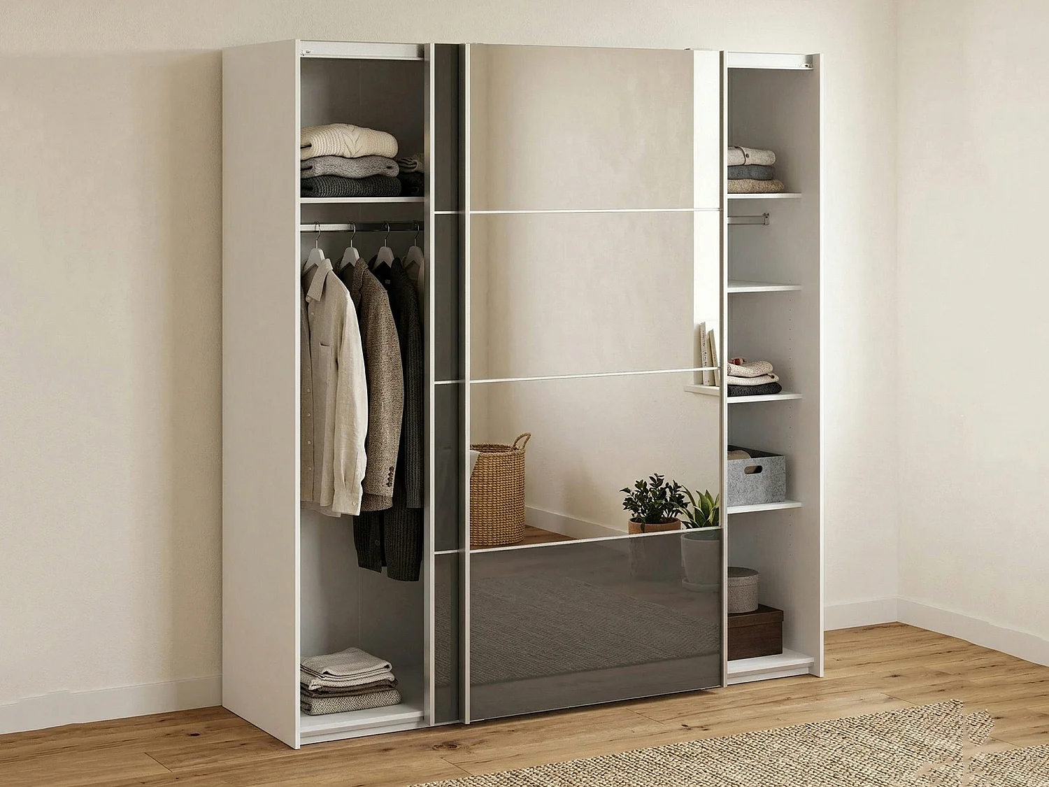 Garde-robe 2 portes Cerreto, Meubles de chambre, Penderie de plain-pied, Placard à vêtements, 182x64 h202 cm, Gris et Blanc