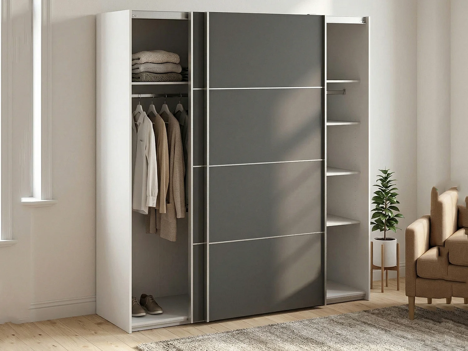 Garde-robe 2 portes Cassano, Meubles de chambre, Penderie de plain-pied, Placard à vêtements, 182x64 h202 cm, Blanc et gris