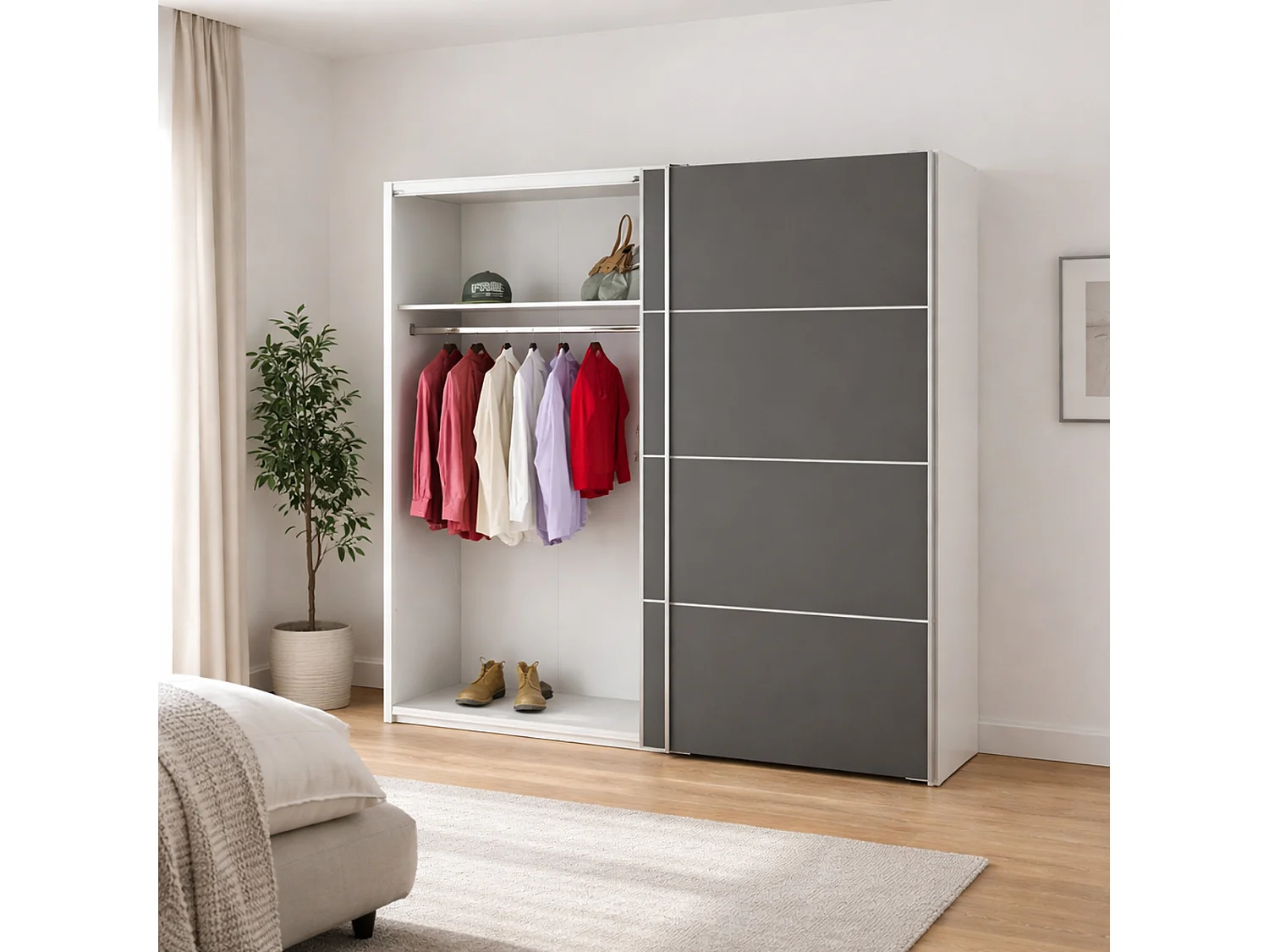 Garde-robe 2 portes Accadia, Meubles de chambre, Penderie de plain-pied, Placard à vêtements, 182x64 h202 cm, Gris et Blanc