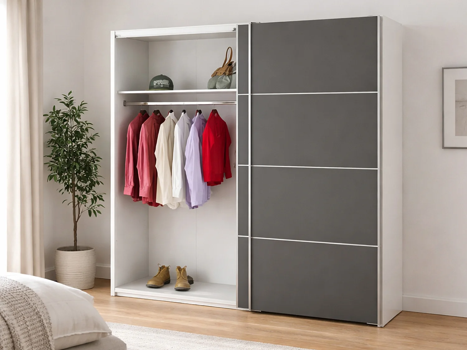 Garde-robe 2 portes Accadia, Meubles de chambre, Penderie de plain-pied, Placard à vêtements, 182x64 h202 cm, Gris et Blanc