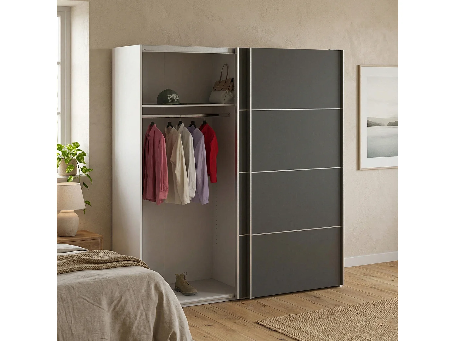 Garde-robe 2 portes Attilio, Meubles de chambre, Penderie de plain-pied, Placard à vêtements, 182x64 h202 cm, Blanc et gris