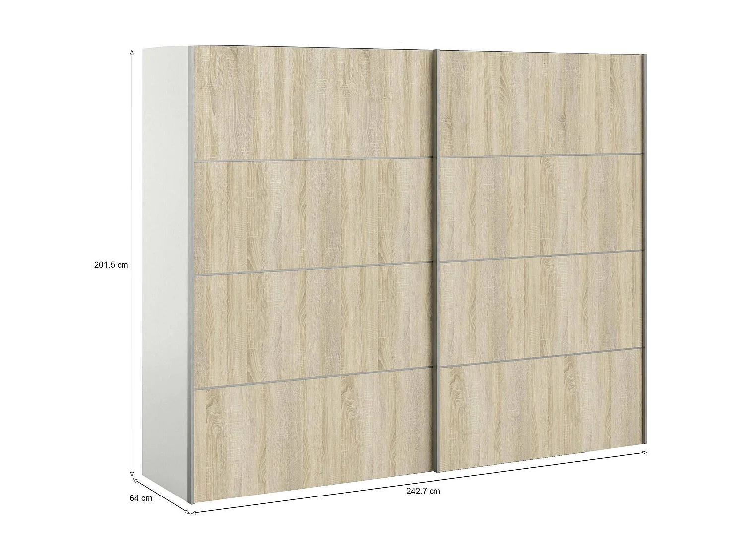 Avelengo 2-deurskast, Slaapkamermeubel, Inloopkast, Kledingkast, 243x64 h202 cm, Eiken en Wit