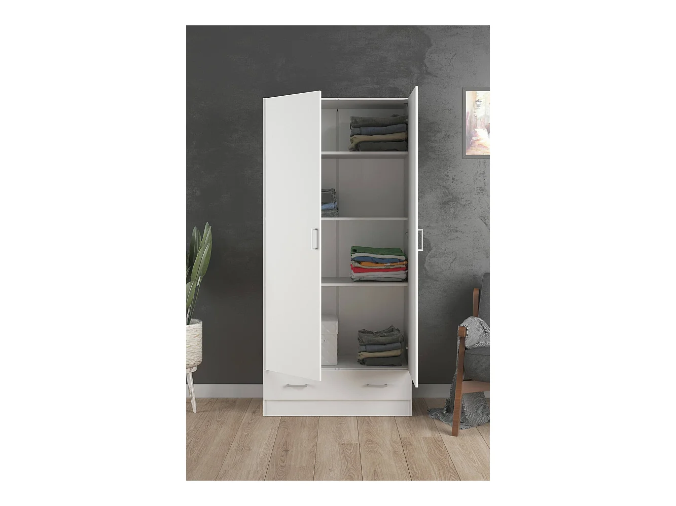 Garde-robe 2 portes Amylya, Meubles de chambre, Penderie de plain-pied, Placard à vêtements, 79x36 h170 cm, Blanc