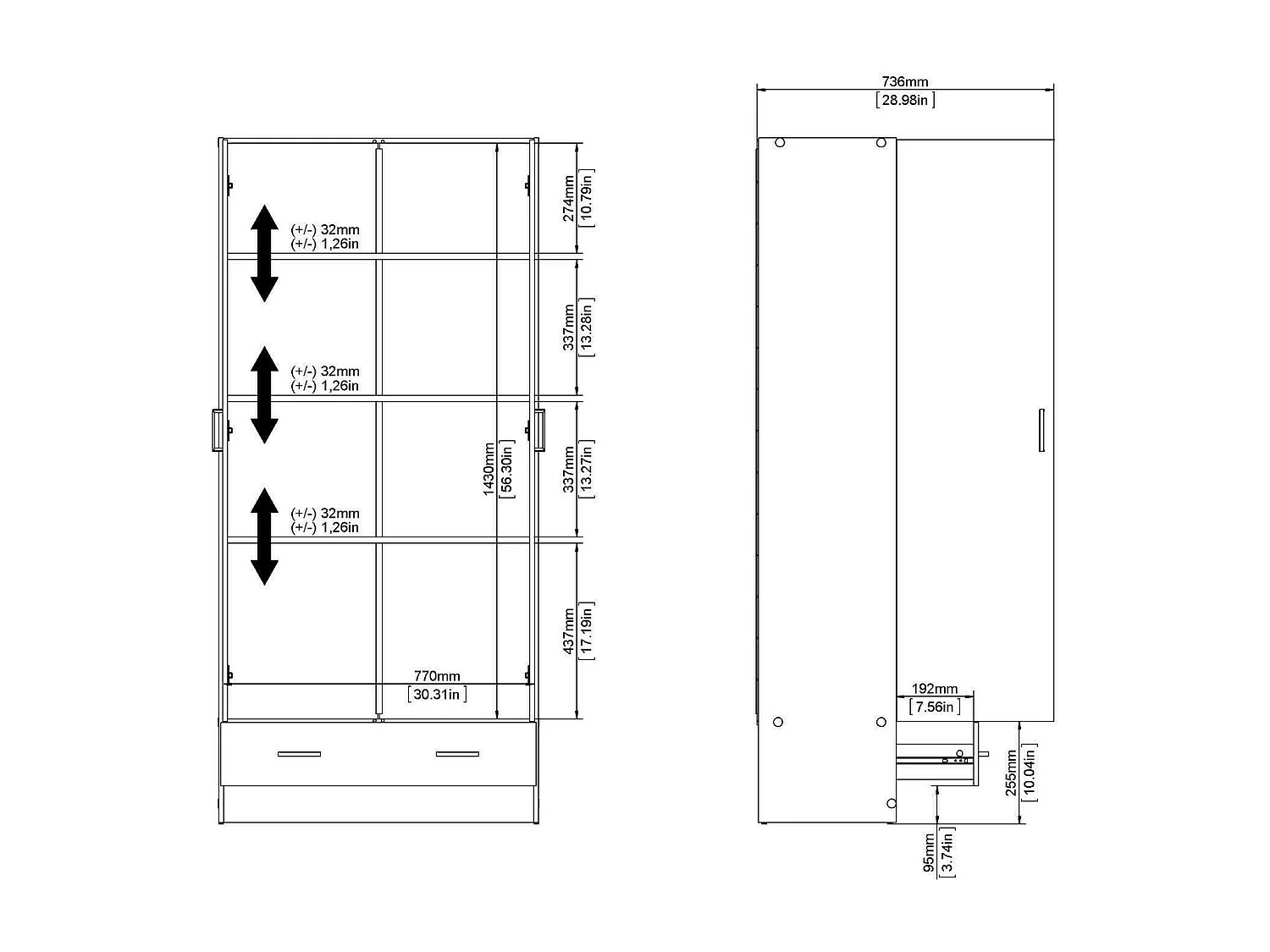 Amylya 2-deurskast, Slaapkamermeubel, Inloopkast, Kledingkast, 79x36 h170 cm, Wit